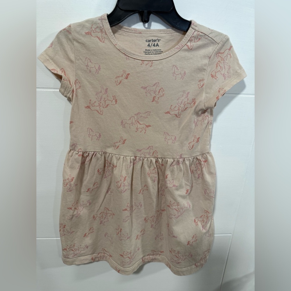 Carter's Toddler Girl’s 100% Cotton Dress - Beige with Pink Horse Pattern